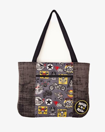 Sac tote bag cousu main taille XL motif motard rock
