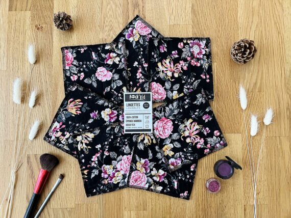 Lingettes lavables fleurs noires en bambou oeko-tex (lot de 7)