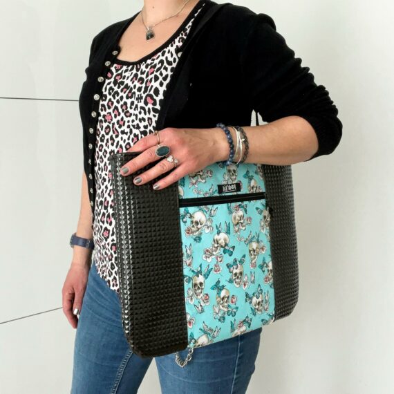 Sac tote bag XL cousu main motif memento mori turquoise