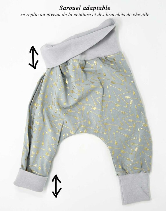 Sarouel adaptable pour bébé cousu main en jersey flèches gris