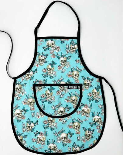 Tablier enfant cousu main motif skull tête de mort papillon bleu cousu main