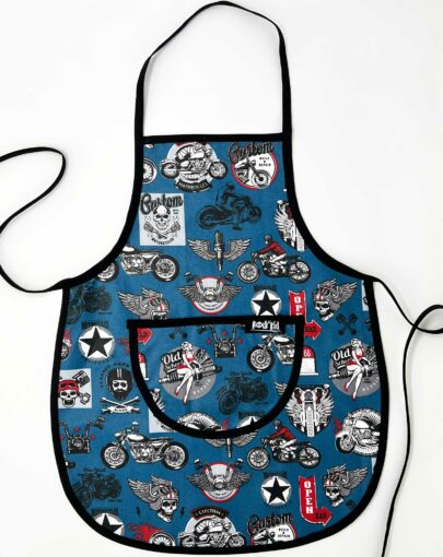 Tablier enfant cousu main motif skull tête de mort motor bleu cousu main