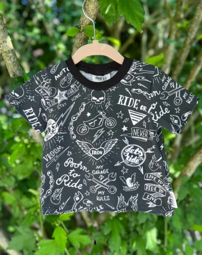T-shirt biker pour bébé, born to ride, jersey noir et blanc, cousu main en France.
