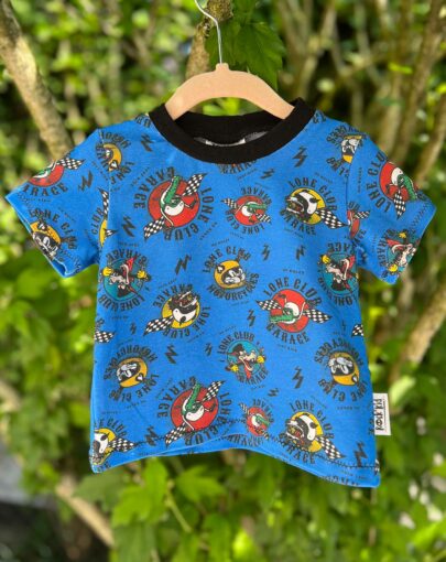 T-shirt biker rétro garage animaux pour bébé, cousu main, tissu exclusif.