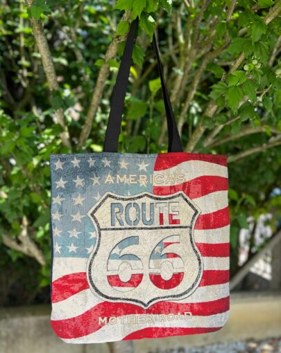 Sac cabas Route 66, doublé et molletonné, avec accroche clés. Cousu main pièce unique.
