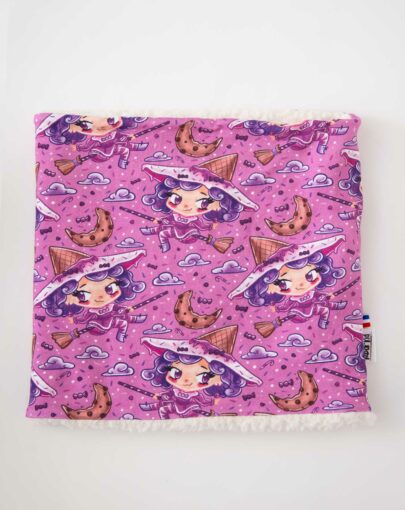 Tour de cou snood enfant ou adulte cousu main motif sorcière gateaux violet