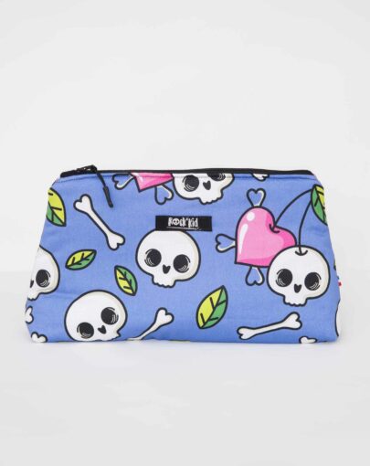 Grande trousse de toilette motif skull et cerises bleue, cousue main en France