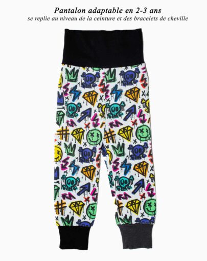 Pantalon évolutif 2 - 3 ans, cousu main, motif punk